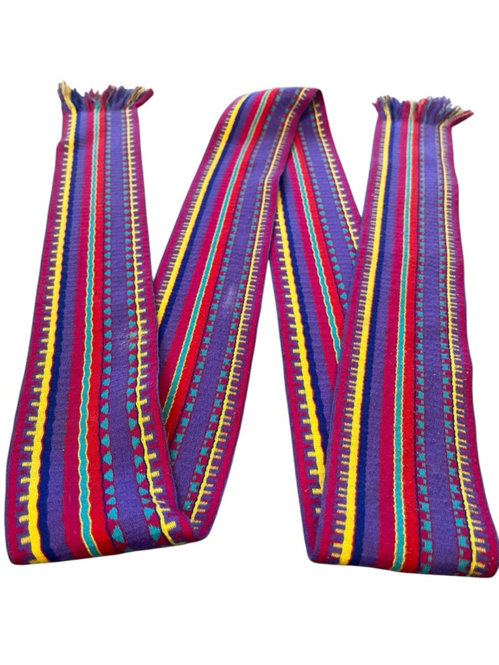 Vintage Woven Multicolor Boho Folk Textile Fringe Wrap Tie Belt OSFM - Picture 3 of 3